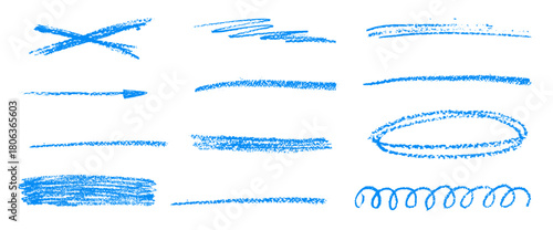 Blue underline crayon pencil brush stroke. Textured scrawl chalk strikethrough lines set. Hand pen drawn highlight for text design and note. Vector freehand scribble divider elements set isolated.