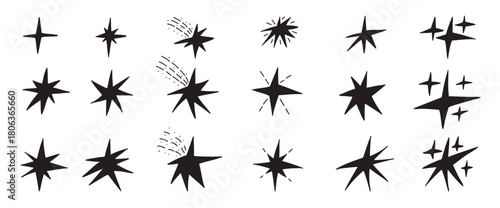 Hand drawn simple stars icon. Set of black doodle twinkles. Handmade scribble magic twinkle collection. Kids paint collage cutout stickers blink. Simple shine decoration. Vector elements isolated.