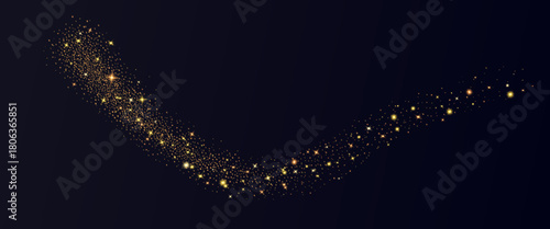 Magic gold blinks and twinkle dust splash. Golden blings and glitter swoosh. Shimmer spray effect for celebration. Shiny stardust light curvy line texture. Festive particles wave. Vector illustration.