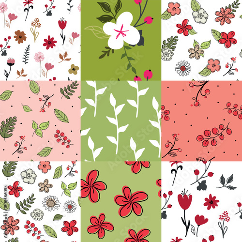 A set of simple floral seamless patterns. A collection of pink, red flowers. Sketchy flat design. A botanical collage