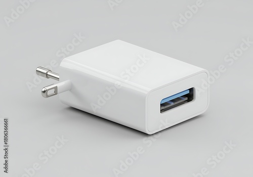 White USB Wall Charger Adapter for Mobile Phones and Devices Charging on Grey Background Digital Device Essential