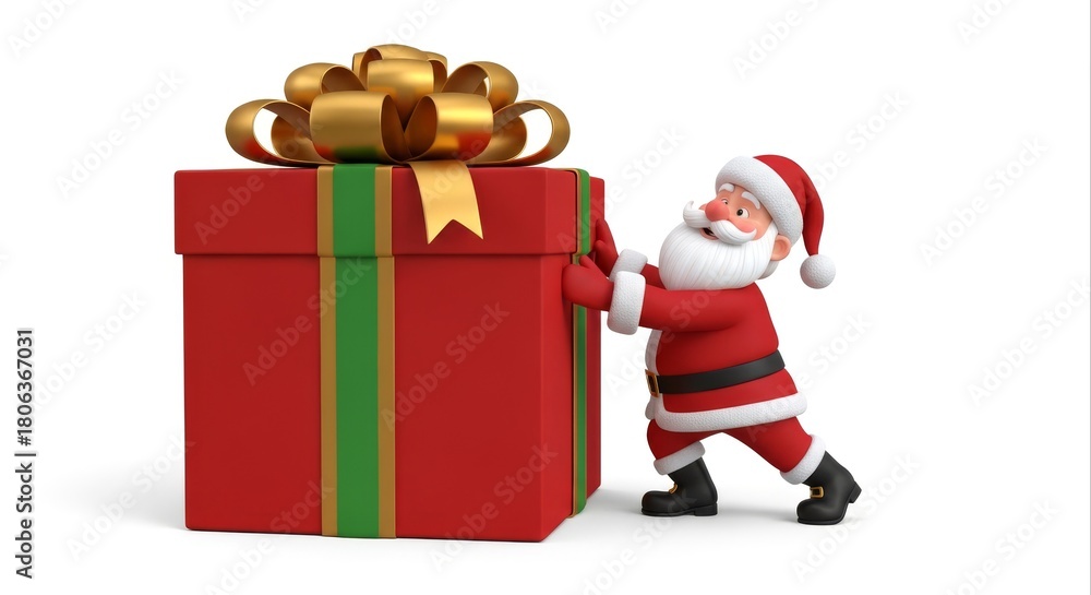 Naklejka premium Cartoon Santa Pushing Large Red and Gold Christmas Gift on White Background