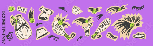 Padel tennis collage paper cutout trendy stickers. Racket, ball, scoreboard, team cloth hand drawn collage icons set isolated on vivid background. Doodle sport equipment cutouts. Vector illustration.