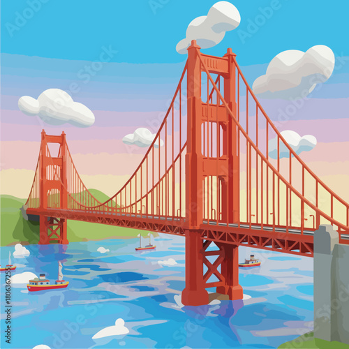 Illustration of the Golden Gate Bridge in San Francisco, with boats on the water and clouds in the sky.