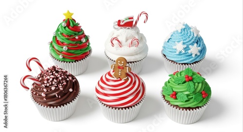 Festive Christmas Cupcakes Assortment with Holiday Icing on White