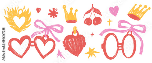 Heart in a fire, crayon frames stickers for text or photo stickers. Oil pastel cherry, crown, star, and bow coquette doodle elements for Valentine day scrawl design. Vector scribble stickers no bg.