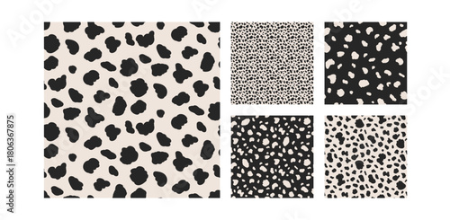 Animal print seamless patterns. Spots holstein background collection. Irregular freeform blobs dalmatian dog skin texture simple shapes. Camouflage patterns. Vector cow monochrome seamless collection.