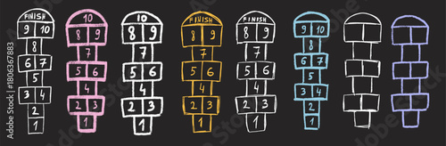 Hand drawn hopscotch games set on chalkboard. Kids hop scotch outdoor playground play. Vector colorful doodles illustration on blackboard background. Crayon scribble preschool symbol on asphalt.
