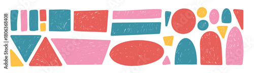 Crayon colorful geometric shapes kids set. Scribble text boxes borders. Rectangle, arch, highlights text and triangles figures. Vector hand drawn school stickers cutout. Grunge geometry callout figure