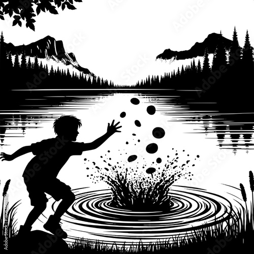 Boy Throwing Stones into Lake