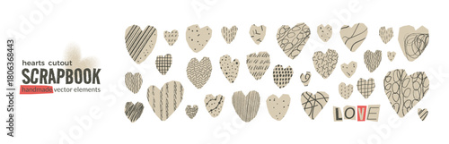 Scrapbook scribble cutout heart collection. Cut outs with crayon textured patterns for paper and scrapbook art. Collage pieces set. Heart stickers icons. heart paper love and donation symbols shapes.