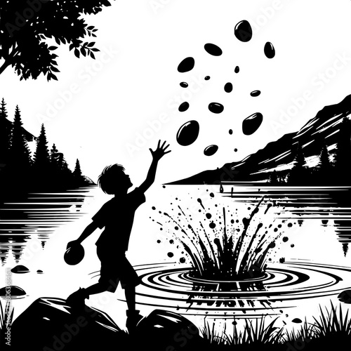 Boy Throwing Stones into Lake