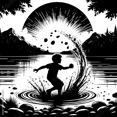 Boy Throwing Stones into Lake