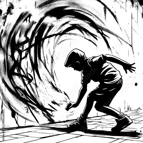 Boy Drawing Graffiti on Wall with Chalk