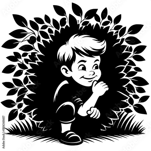 Boy Sneaking Behind Bush to Scare Friend