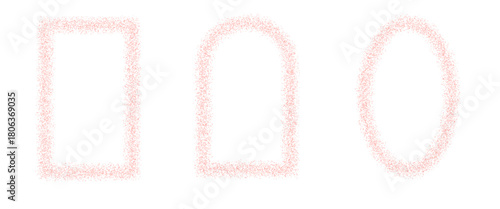 Pink geometric frames set. Arc, rectangle and oval gritty borders. Square, arch, ellipse text boxes. Spray halftone callouts. Vector illustration.