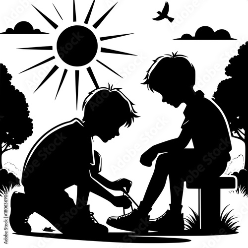 Boy Tying Friend’s Shoelaces Together