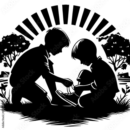 Boy Tying Friend’s Shoelaces Together