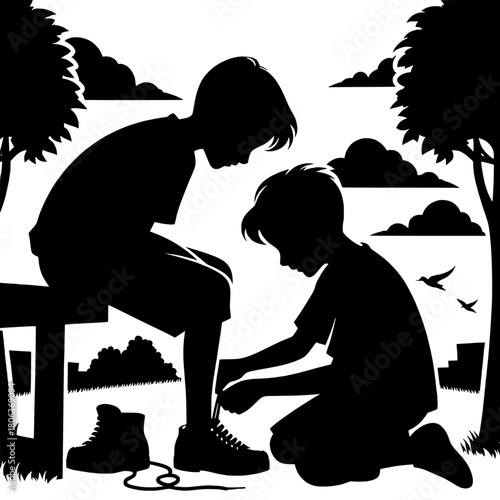 Boy Tying Friend’s Shoelaces Together