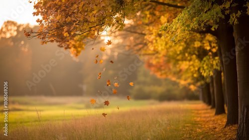 Autumn leaves falling from trees in a park during golden hour