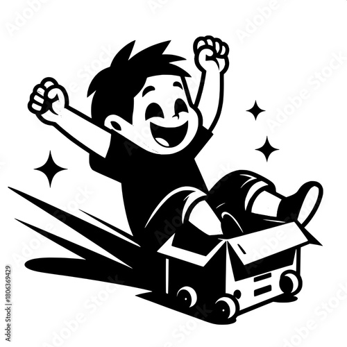 Boy Trying to Ride Dog Cardboard Box Sled