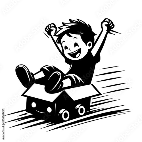 Boy Trying to Ride Dog Cardboard Box Sled