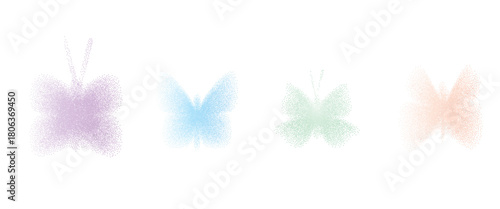 Butterfly grain noise soft colors gradient shapes. Retro y2k stippling simple forms set. Purple, blue, beige insect icons. Vector spray peach pink, violet paint butterflies symbols illustration.