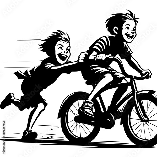 Boy Hanging Onto Moving Bicycle’s Back