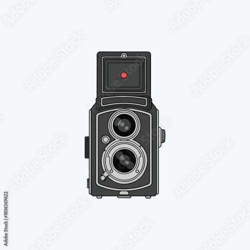 Illustration of a vintage twin-lens reflex camera with a pop-up viewfinder, presented in a minimalist style against a white background.