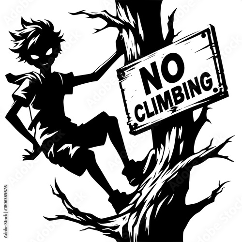 Boy Climbing Prohibited Tree