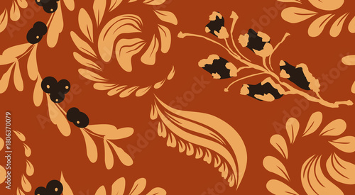 Abstract elegant boho silhouette botanical and flowing petals seamless pattern. Floral with organic curves on terracotta background.