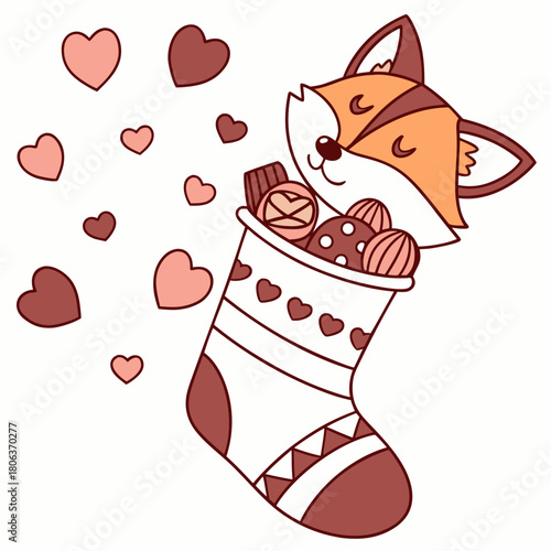 SVG art: A Bashful Foxe in a Valentine vibe with snuggled in a sock, tinted with Valentine Blush tones