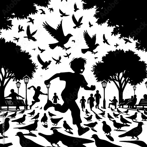 Boy Chasing Birds in Park