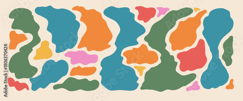 Multicolor abstract blobs pattern. Spot freeform shape background. Orange, blue, green, and pink irregular modern camo splodges. Kids abstract vector pattern. Simple animal decorative design.