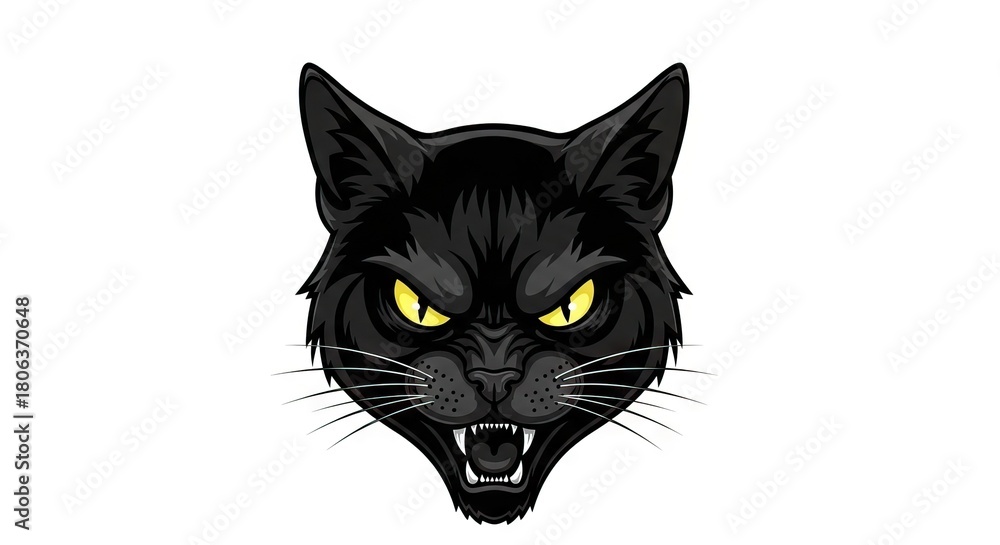 Fotografie A black cats snarling head with sharp teeth and glaring yellow eyes set against
