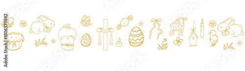 Easter golden border horizontal design with bunnies, flowers, sweets, easter eggs spring elements, seamless background, stencil decoration. 