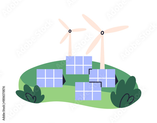 Renewable energy landscape featuring solar panel arrays, wind turbine, green hills and foliage, sustainable power production system, eco friendly electricity generation flat vector illustration.