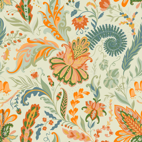 Green Orange Ornamental Floral Pattern
