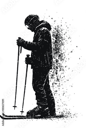 Bold black silhouette of a skier in full gear, holding skis and poles on a frosted ground with grunge texture and high contrast. Evokes winter sport, adventure, and focus