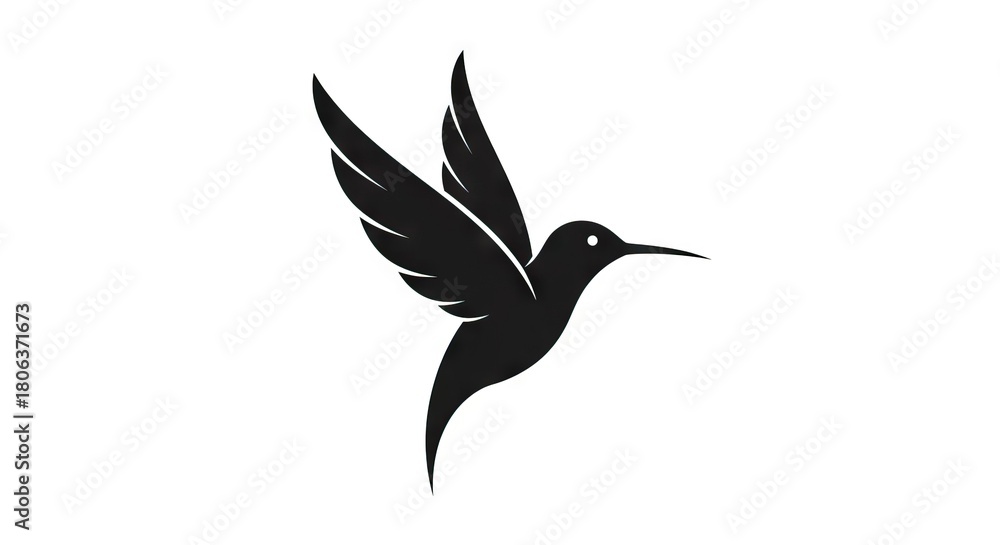Obraz premium Black hummingbird silhouette in flight with wings spread against a white background
