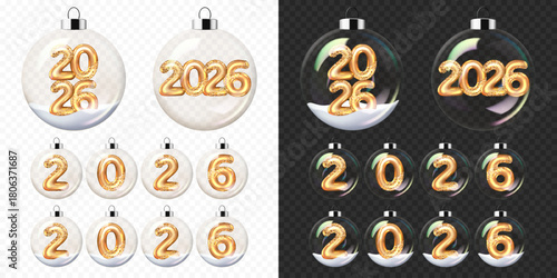Set of Christmas and New Year transparent glass balls with gold numbers 2026, isolated. Equally suitable for dark and light backgrounds.	
