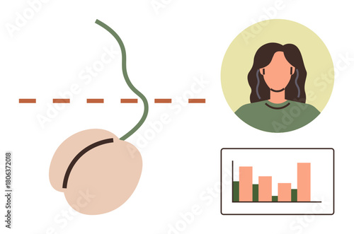 Seed germinating with sprout, female observer, and bar chart tracking growth phases. Ideal for education, biology, agriculture, research, analytics sustainability and science. Simple flat metaphor