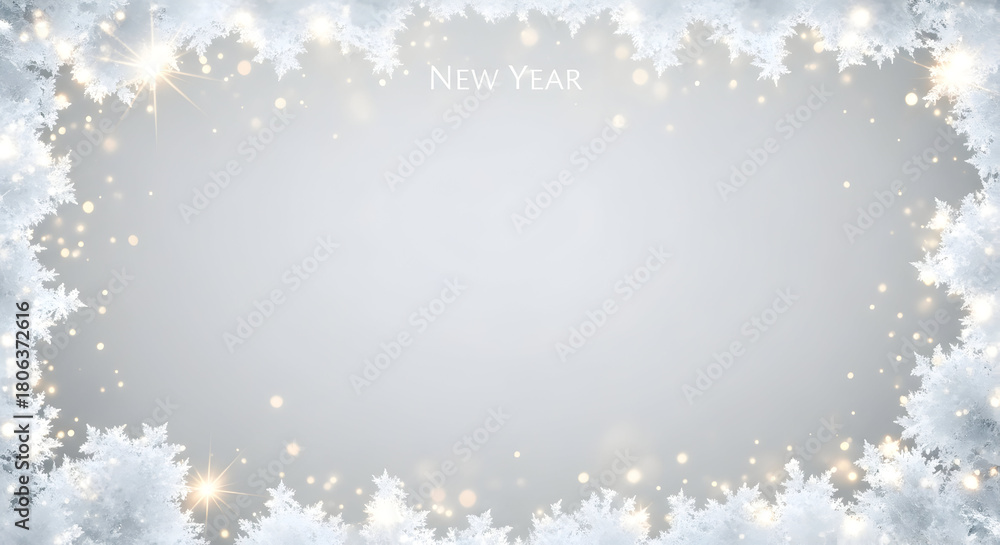 Fototapeta premium A festive winter background with a frame of white snowflakes and golden sparkling lights, perfect for New Year celebrations.