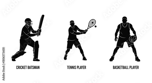 Silhouettes of athletes playing cricket tennis and basketball sports