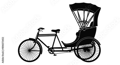 A black and white silhouette of a vintage cycle rickshaw design