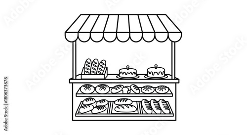 Simple black and white illustration of a bakery stall with pastries