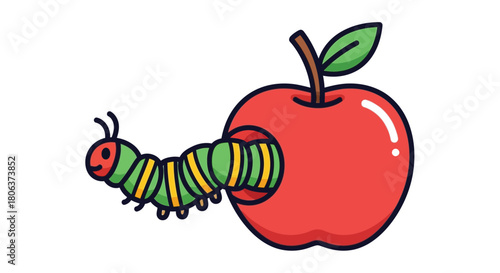 A bright red apple with a green caterpillar emerging from its side