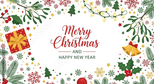 Merry christmas and happy new year greeting card with festive decorations including pine branches, holly, mistletoe, snowflakes, stars, christmas lights, gift box, and bells