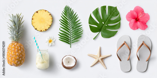 Flat lay of tropical summer items isolated on white background