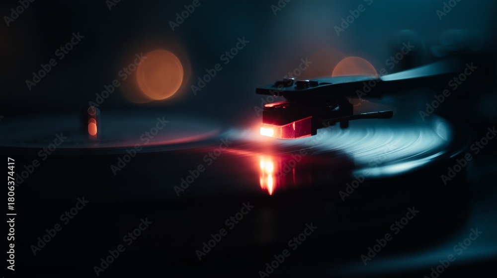 Naklejka premium Close-up of a spinning vinyl record with a glowing tonearm, creating a nostalgic and atmospheric music vibe.